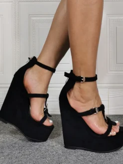 Sandales sexy à talons hauts de grande taille noir Micro daim supérieur bout ouvert talon compensé chaussures sexy chaussures de grande taille
