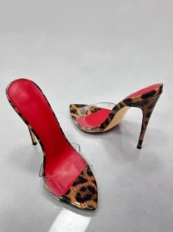 Sandales sexy à talons hauts mules ouvertes imprimé léopard talon aiguille dos nu