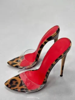 Sandales sexy à talons hauts mules ouvertes imprimé léopard talon aiguille dos nu