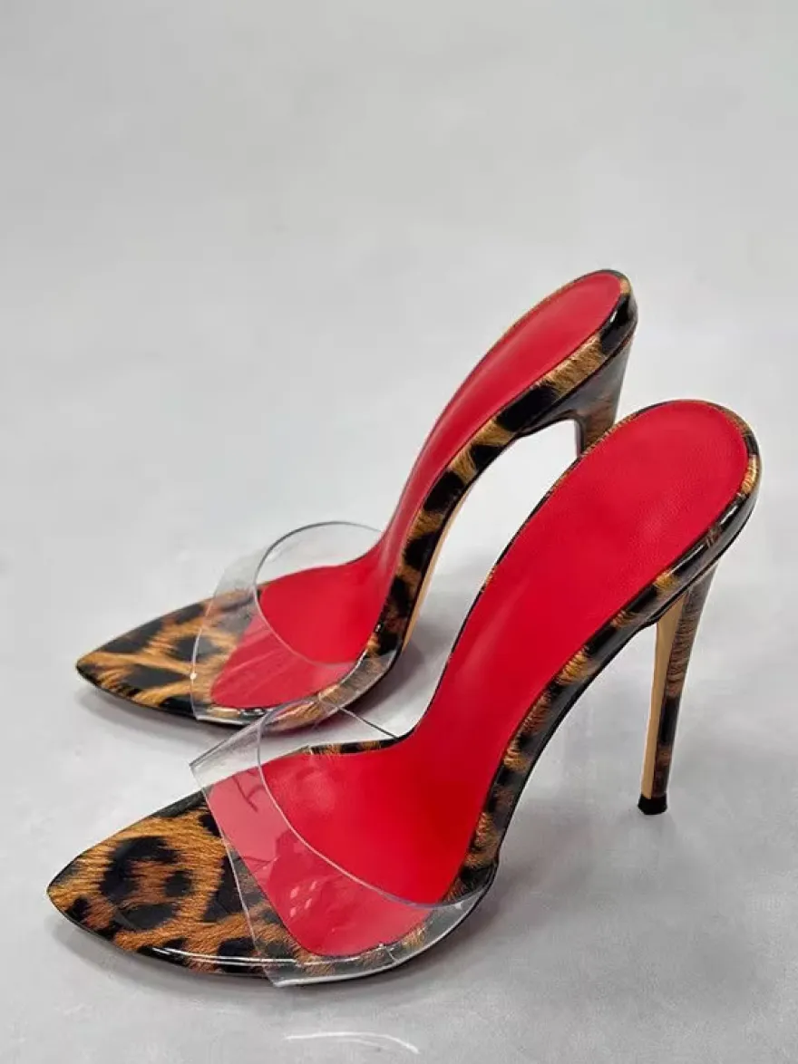 Sandales sexy à talons hauts mules ouvertes imprimé léopard talon aiguille dos nu