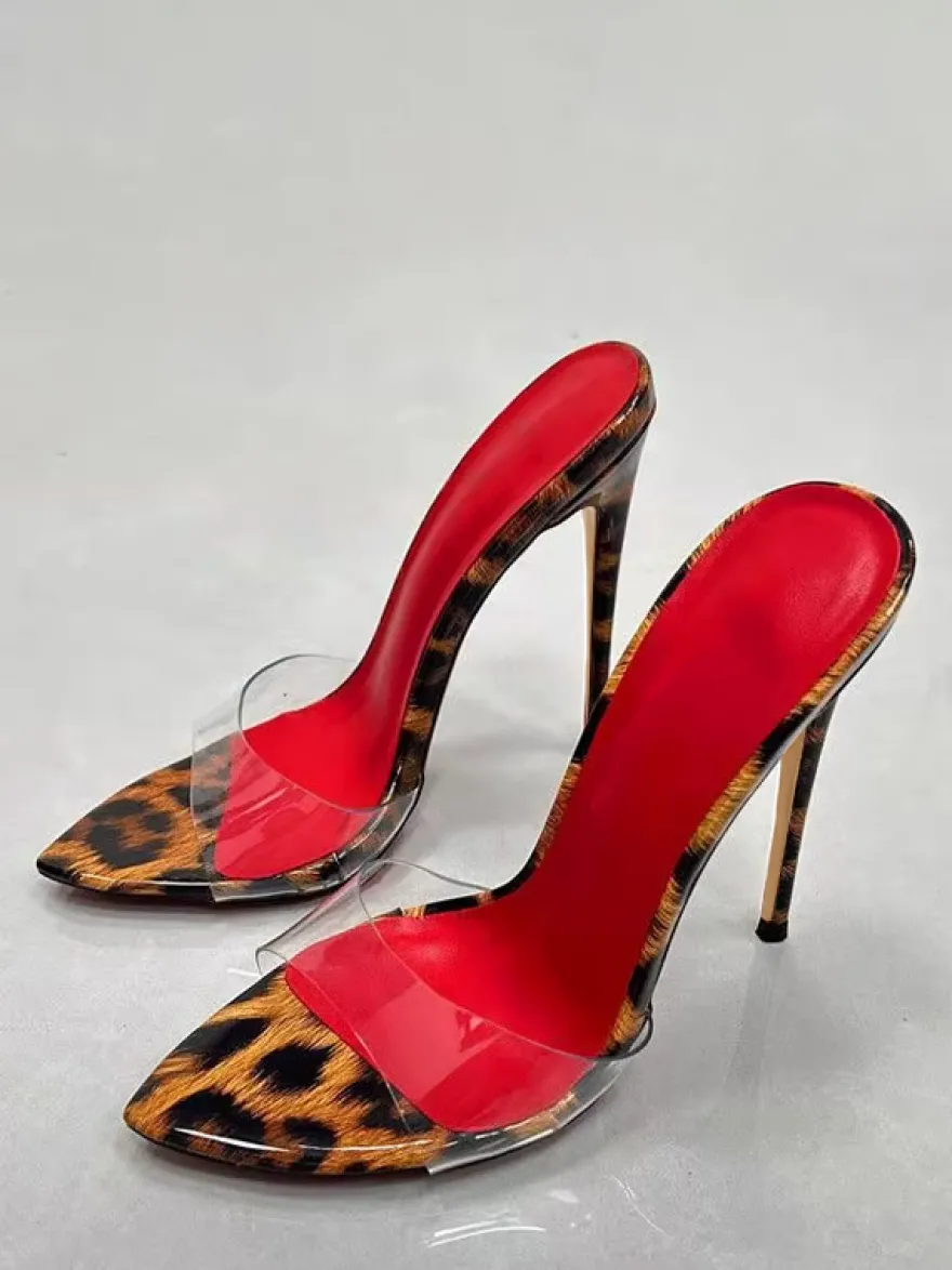 Sandales sexy à talons hauts mules ouvertes imprimé léopard talon aiguille dos nu