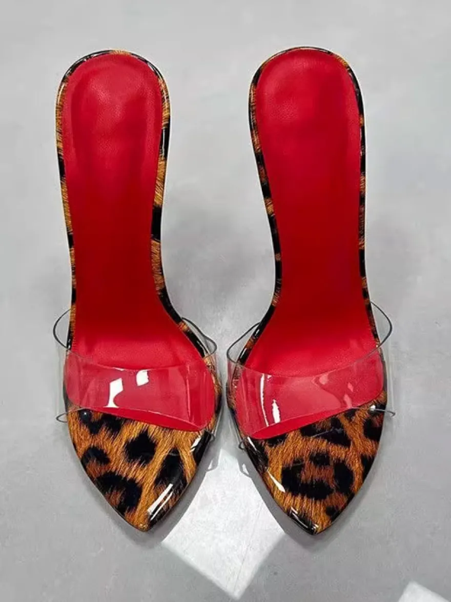 Sandales sexy à talons hauts mules ouvertes imprimé léopard talon aiguille dos nu