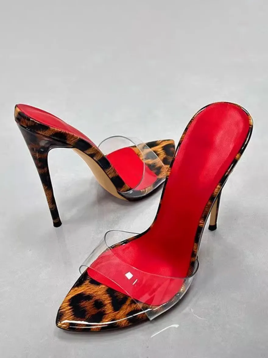 Sandales sexy à talons hauts mules ouvertes imprimé léopard talon aiguille dos nu