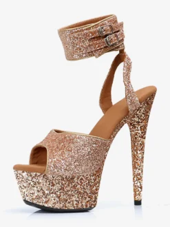 Sandales sexy à talons hauts plateforme pailletée bout ouvert et lacets