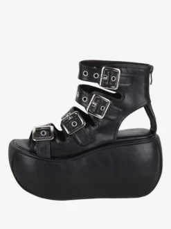 Sandales Steampunk Lolita avec œillets noirs chaussures d'été en cuir PU métallisé à bout ouvert
