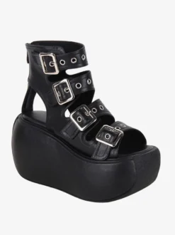 Sandales Steampunk Lolita avec œillets noirs chaussures d'été en cuir PU métallisé à bout ouvert