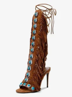 Sandales style gladiateur bohème pour femmes bout ouvert en daim perles talons hauts avec pompons