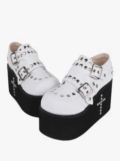 Sandales Sweet Lolita avec œillets bout rond cuir PU métallique chaussures d'été blanches Lolita
