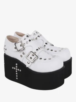 Sandales Sweet Lolita avec œillets bout rond cuir PU métallique chaussures d'été blanches Lolita