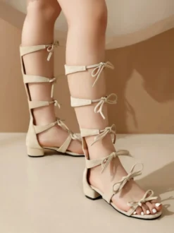Sandales Sweet Lolita avec nœuds et bout rond en daim chaussures d'été Lolita blanches et écru