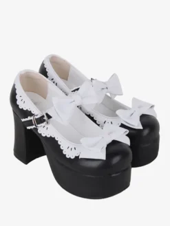 Sandales Sweet Lolita avec nœuds à bout rond en cuir PU chaussures d'été noires Lolita