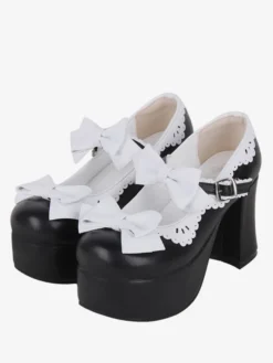 Sandales Sweet Lolita avec nœuds à bout rond en cuir PU chaussures d'été noires Lolita