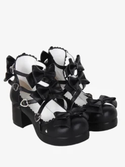 Sandales Sweet Lolita avec nœuds noirs et bout rond en cuir PU chaussures d'été Lolita