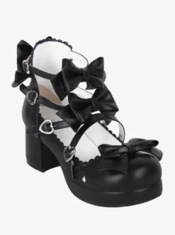 Sandales Sweet Lolita avec nœuds noirs et bout rond en cuir PU chaussures d'été Lolita