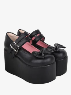 Sandales Sweet Lolita avec nœuds noirs et bout rond en cuir PU chaussures d'été Lolita