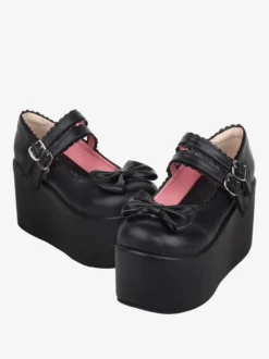Sandales Sweet Lolita avec nœuds noirs et bout rond en cuir PU chaussures d'été Lolita