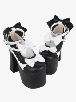 Sandales Sweet Lolita avec nœuds à bout rond en cuir PU chaussures d'été noires Lolita