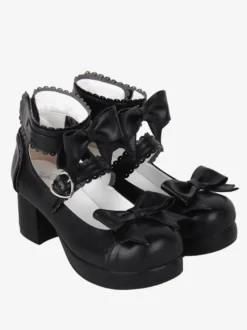 Sandales Sweet Lolita avec nœuds à bout rond en cuir PU chaussures d'été noires Lolita