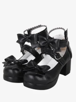Sandales Sweet Lolita avec nœuds à bout rond en cuir PU chaussures d'été noires Lolita