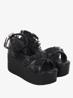 Sandales Sweet Lolita en dentelle et bout ouvert en cuir PU chaussures d'été noires Lolita
