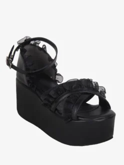 Sandales Sweet Lolita en dentelle et bout ouvert en cuir PU chaussures d'été noires Lolita