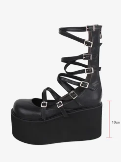 Sandales Sweet Lolita noires à lacets en cuir PU chaussures d'été Lolita à bout rond