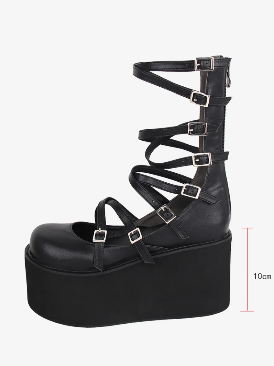 Sandales Sweet Lolita noires à lacets en cuir PU chaussures d'été Lolita à bout rond