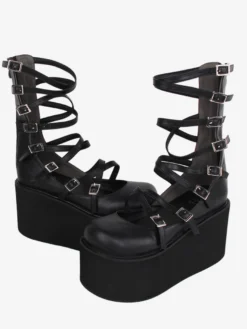 Sandales Sweet Lolita noires à lacets en cuir PU chaussures d'été Lolita à bout rond
