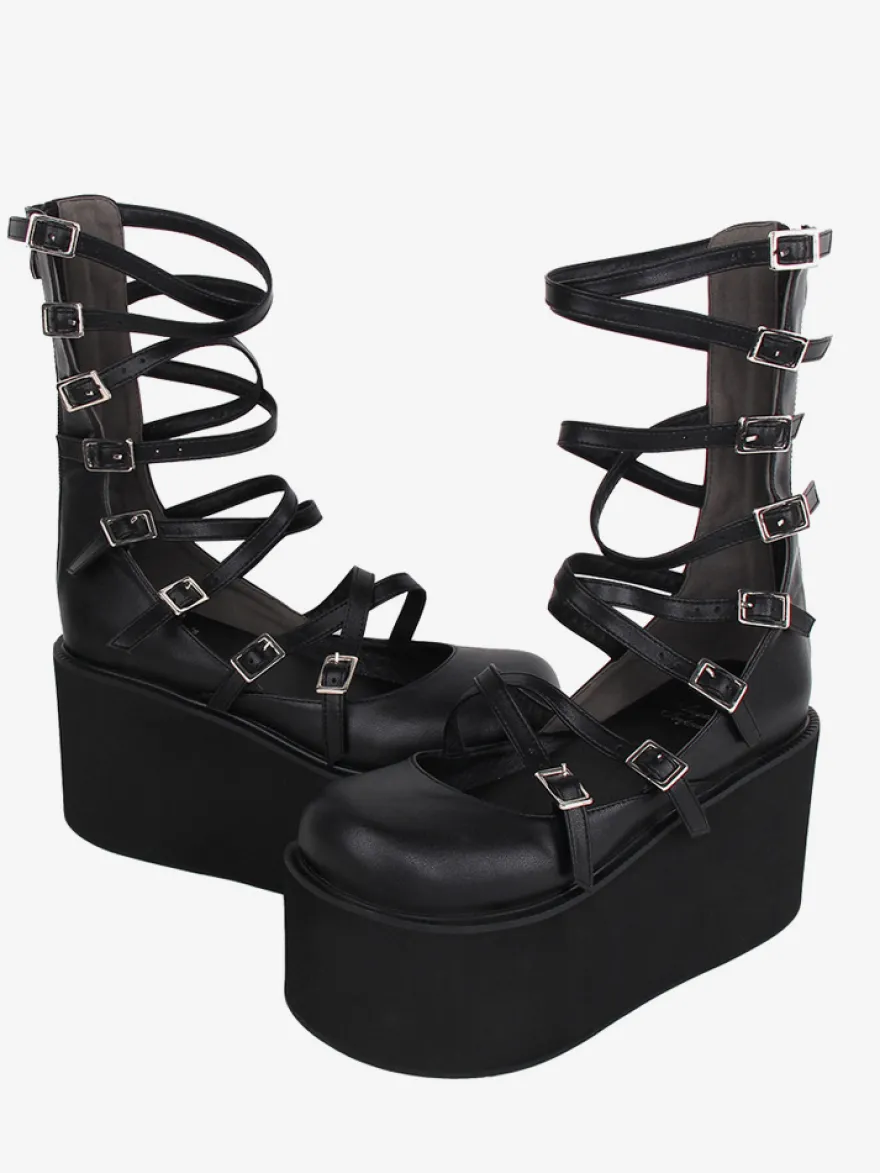 Sandales Sweet Lolita noires à lacets en cuir PU chaussures d'été Lolita à bout rond