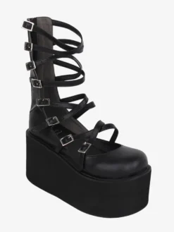 Sandales Sweet Lolita noires à lacets en cuir PU chaussures d'été Lolita à bout rond