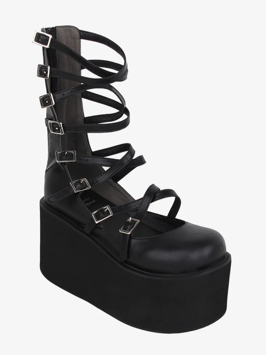 Sandales Sweet Lolita noires à lacets en cuir PU chaussures d'été Lolita à bout rond
