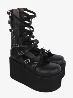 Sandales Sweet Lolita noires à lacets en cuir PU chaussures d'été Lolita à bout rond