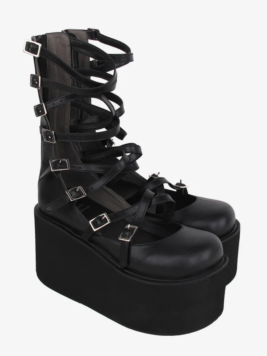 Sandales Sweet Lolita noires à lacets en cuir PU chaussures d'été Lolita à bout rond