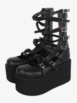 Sandales Sweet Lolita noires à lacets en cuir PU chaussures d'été Lolita à bout rond