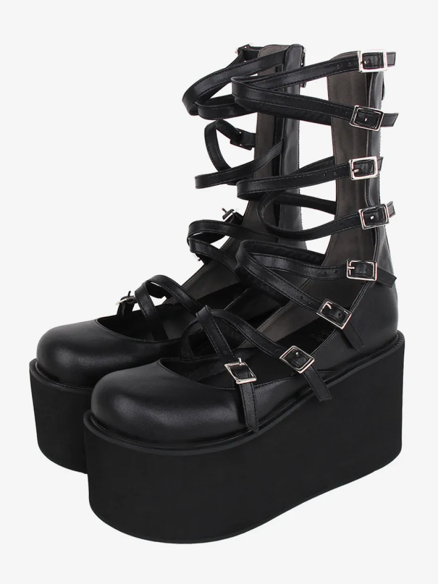 Sandales Sweet Lolita noires à lacets en cuir PU chaussures d'été Lolita à bout rond