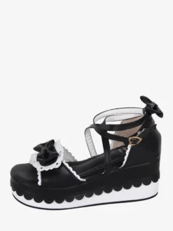 Sandales Sweet Lolita noires en cuir PU avec nœud papillon chaussures d'été kawaii