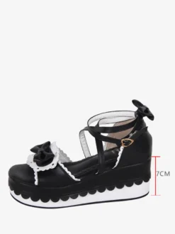 Sandales Sweet Lolita noires en cuir PU avec nœud papillon chaussures d'été kawaii