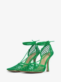 Sandales à talons aiguilles à lacets en maille verte et bout carré