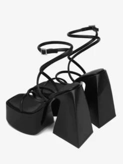 Sandales à talons blocs et plateforme bout carré chaussures de soirée à lanières