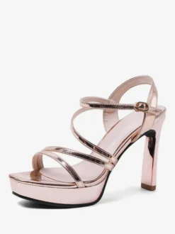 Sandales à Talons Femme avec Plateforme Verni à Lacets Unicolore avec Bout Ouvert