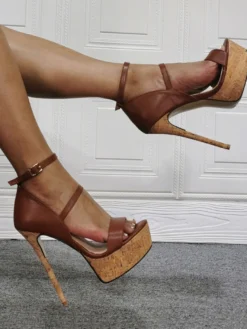 Sandales Talons Hautes Sexy avec Plateforme Femmes à Lacets à Cuir Synthétique Bicolores avec Bout Ouvert avec Boucles Etés Talons Hautes Aiguilles