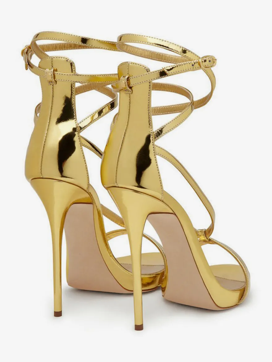 Sandales À Talons Hauts Argentées Chaussures De Soirée Bride Croisée Métallique