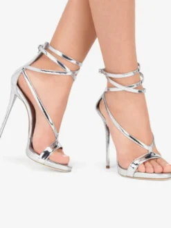 Sandales À Talons Hauts Argentées Chaussures De Soirée Bride Croisée Métallique