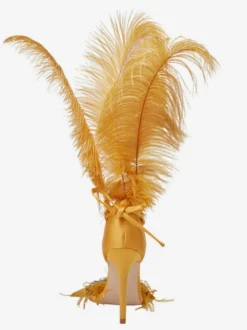 Sandales à talons hauts avec détail de plumes dorées et strass chaussures de bal de fin d'année