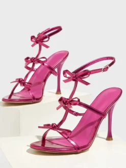 Sandales à talons hauts avec nœud doré et bride à la cheville Chaussures de fête