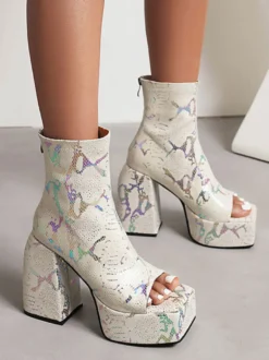Sandales à Talons Hauts avec Plateforme avec Bout Ouvert en Cuir Synthétique Unicolore