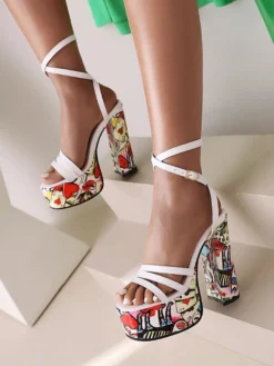 Sandales à Talons Hauts avec Plateforme avec Bout Ouvert en Cuir Synthétique Bicolores