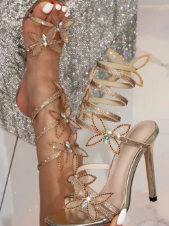 Sandales à talons hauts à bout ouvert avec strass et détails papillons Chaussures de fête à lanières