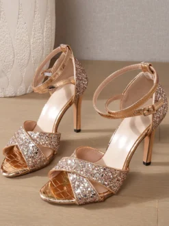 Sandales à talons hauts à bout ouvert pour femmes ornées de paillettes idéales pour les fêtes.