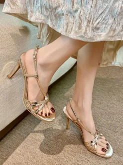Sandales à talons hauts dorées pour femmes bout ouvert à brides chaussures de soirée